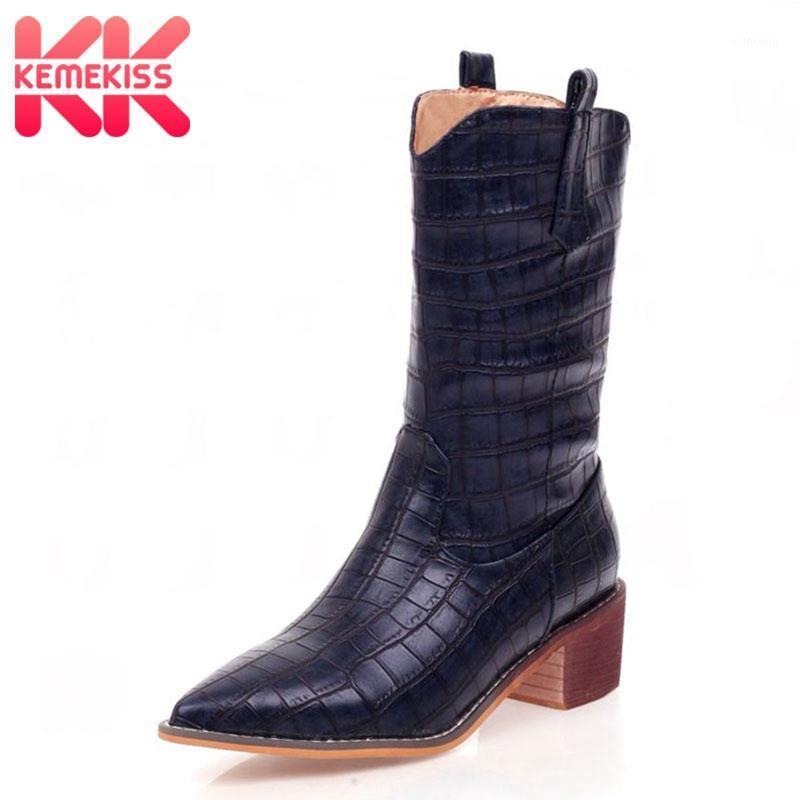 

KemeKiss New 2020 Women Mid-Calf Boots Sexy Slip On Pointed Toe Shoes Women Solid Color Leather Print Mujer Footwear Size 34-471, Black
