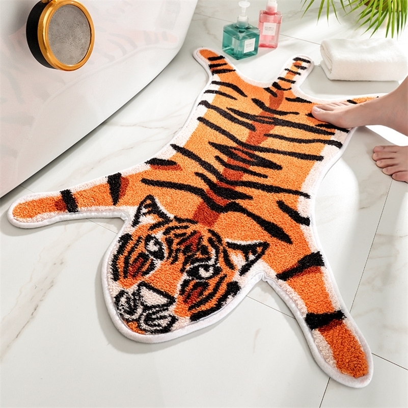 

Honlaker Cartoon Tiger Shape Bath Door Flocking Floor TPR Non-slip Bottom Soft and Breathable Absorbent Mat 201212