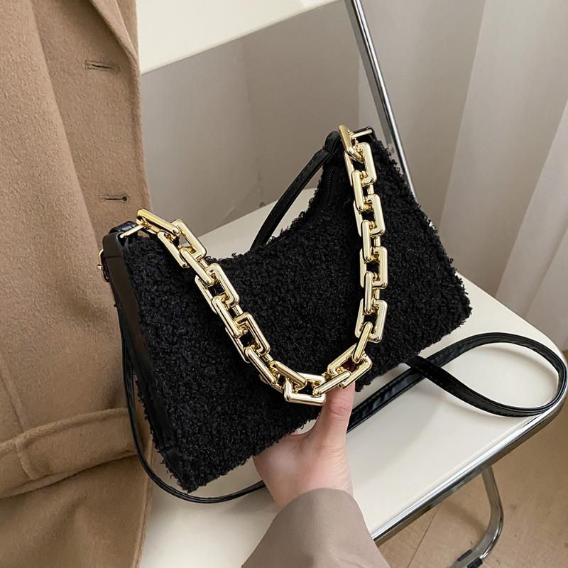 

Underarm Bag Hobo for Women Retro Chain Totes Solid Daily Shoulder Handbag Plush Youth Ladies Simple Versatile Bag, White