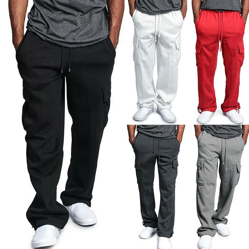 

Men's Pants Mens Loose Jogger Gym Heavy Weight Fleece Cargo Pocket Sweat Drawstring Trousers