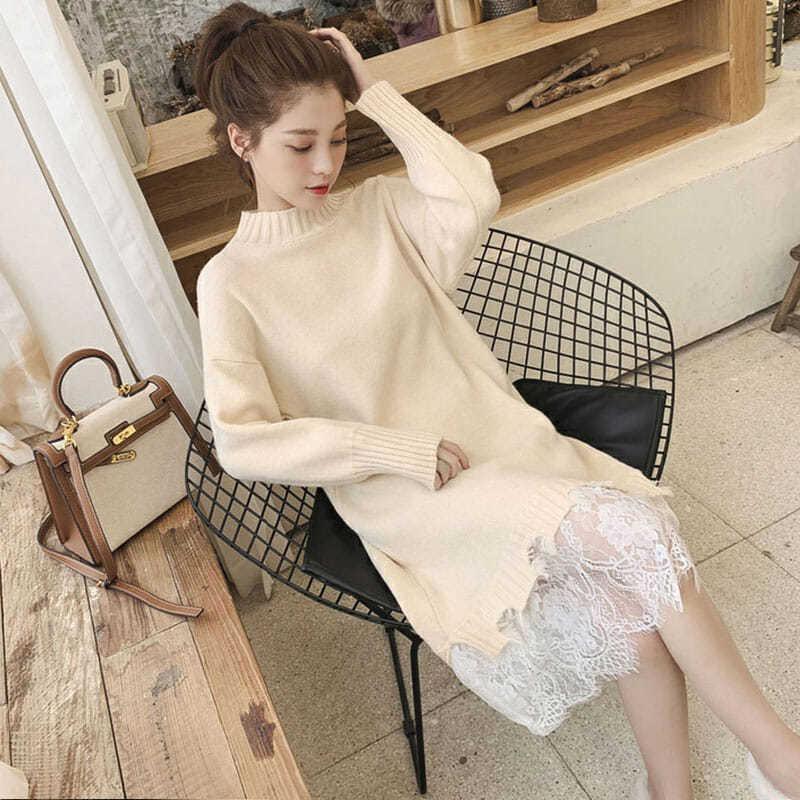 

women' sweaters fashion 2020 autumn and winter new style with coat lace mid-length base knitted dress woman sweaters, Beige