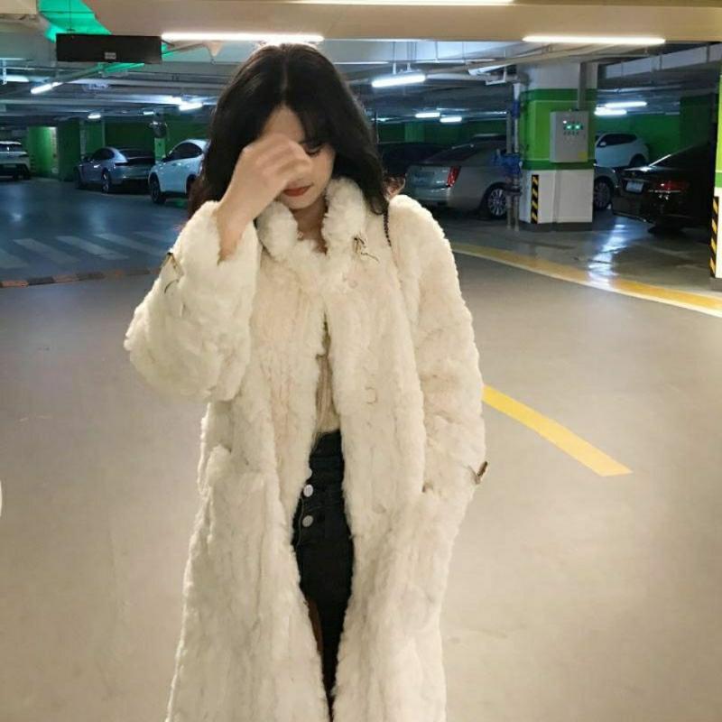 

Women 2021 Autumn Winter Fashion Fake Rex Fur Coat Female Mid-long Thick Jacket Ladies Stand Collar Faux Fur Outwear Q640, White