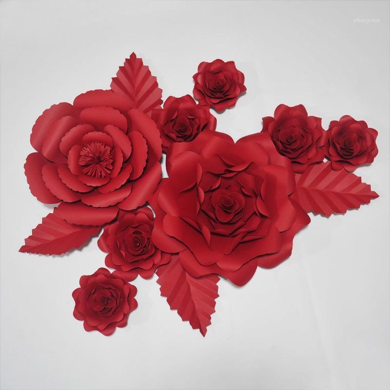 

2020 Red Rose Giant Paper Flowers Artificial Flor Backdrops 8PCS + 4 Leaves For Wedding & Event Decor Photography Fashion Show1
