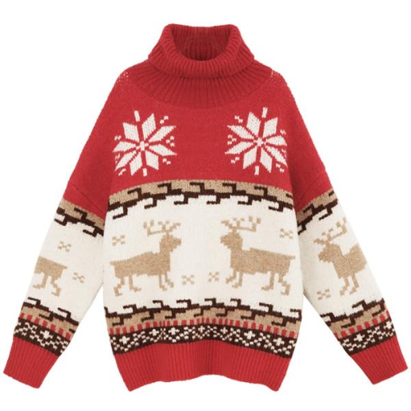

Christmas Knitted Sweater Women Turtleneck Snowflake Elk Christmas Pullover Women Clothing Autumn Winter Female Knitted Sweater, Green