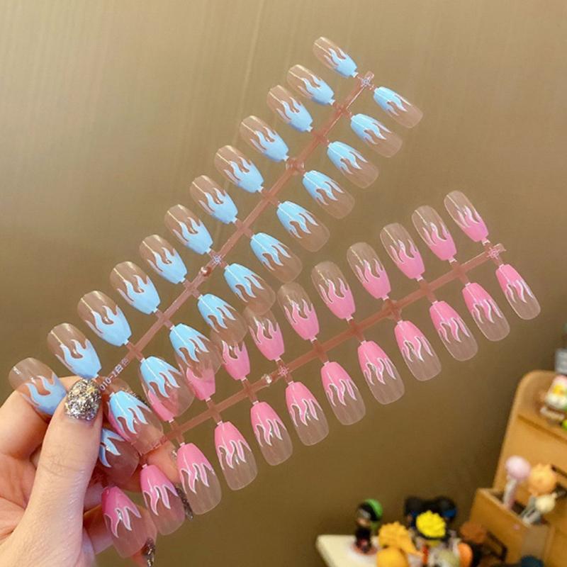 

24pcs Super New Product flame fake nails Flat-tip nail tip extension Press On False Nails Punk Salon Manicure Decoration, Blue