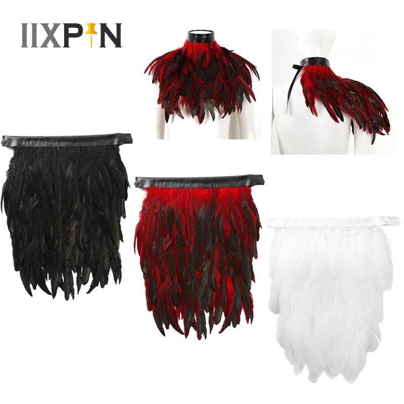 

Punk Gothic Feather Cape Shawl Real Natural Rooster Feather Collar Choker Cape For Halloween Stage Performance Cosplay Costume