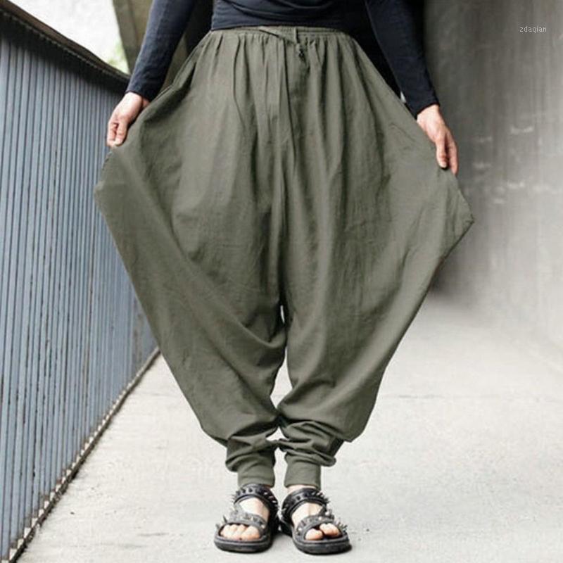 

2020 Vintage Solid Color Loose Sports Harem Pants Wide Leg Elastic Band Long Trousers Plus Size Streetwear Male Casual pants1, Army green