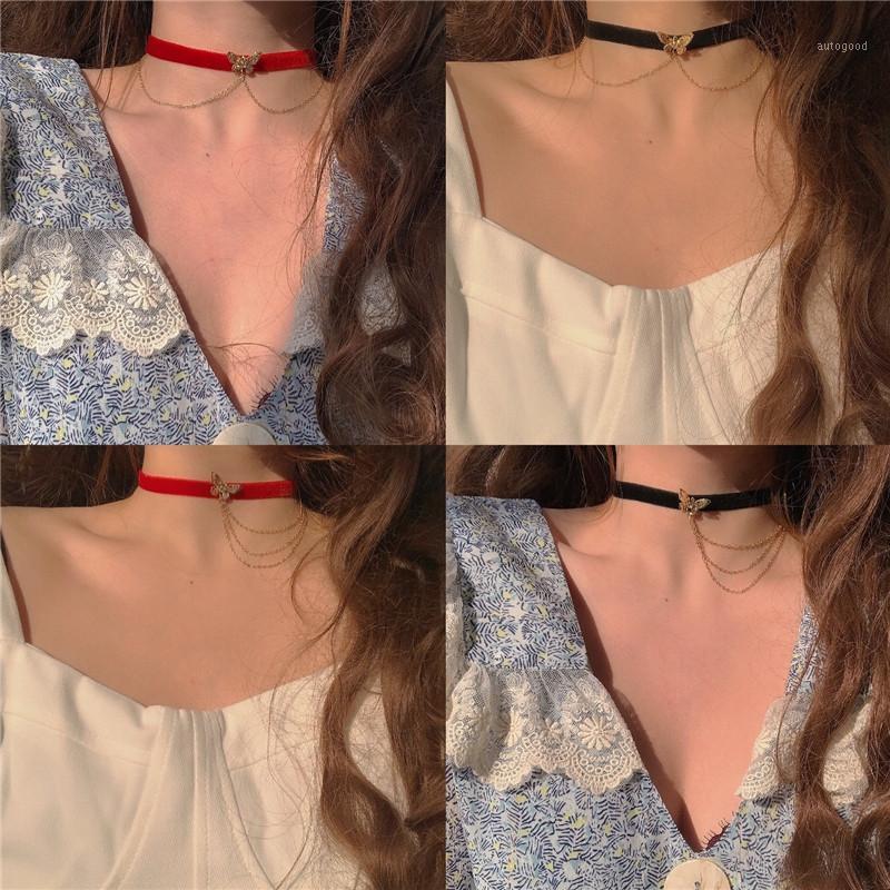 

Chokers 2021 Kpop Vintage Goth Velvet Black Choker Gold Double Chain Butterfly Pendant Aesthetic Short Necklace For Women Egirl Jewelry1