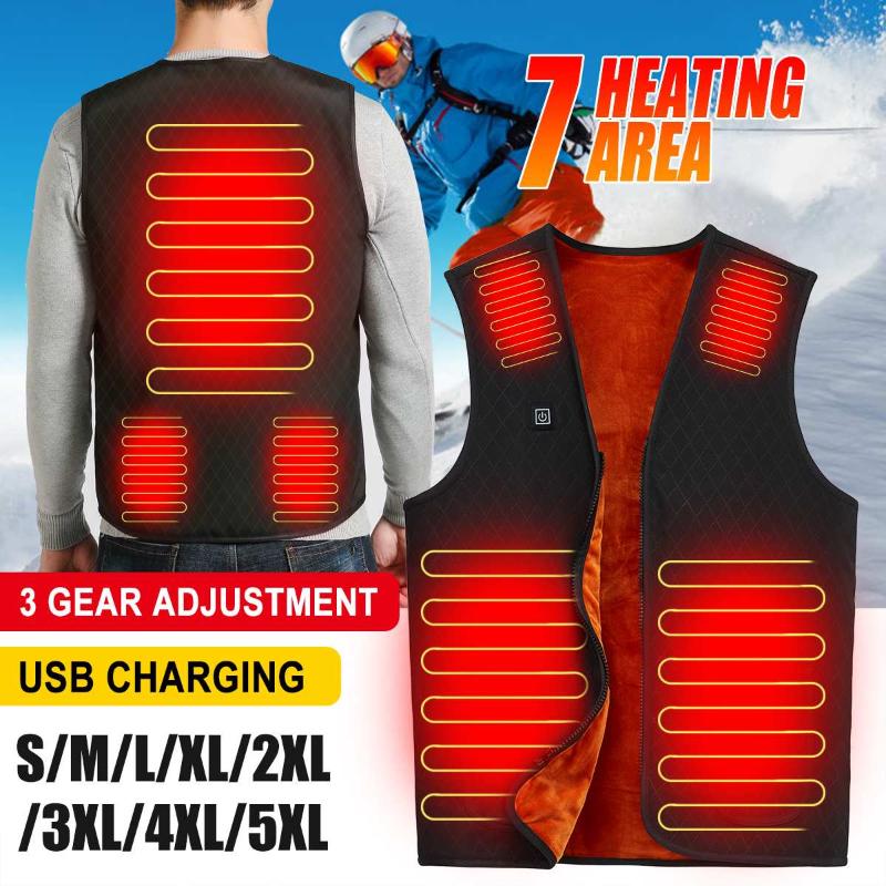 

7 Places Heated Vest Men Women USB Heated Clothing Heating Vest Thermal Clothing Hunting Winter Heating Jacket Black -5XL