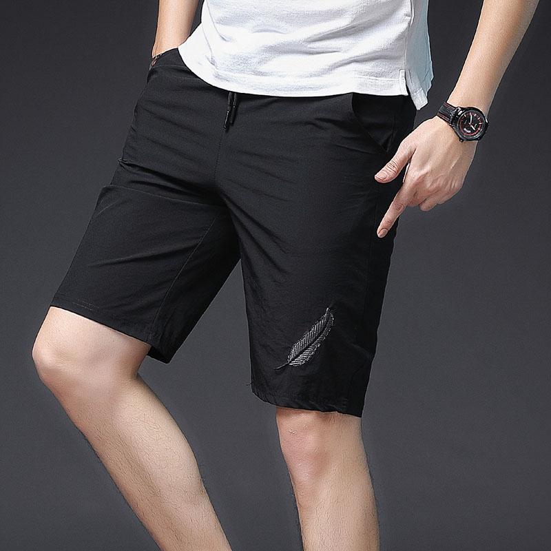

Casual Shorts Man Beach Bermuda Masculina Sport Running Hombre With Size Pocket Embroidery Leaves Sportwear Shorts Elastic Waist, Black
