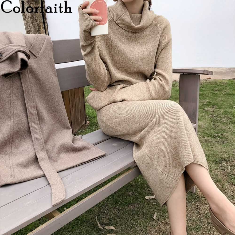 Colorfaith New Autumn Winter Women Dresses Turtleneck Oversize Drawstring Knitted Elegant Wild Ladies Long Dresses DR9037 201126Z