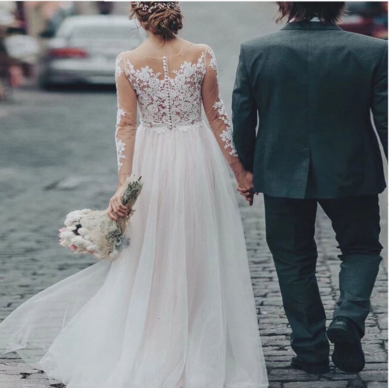 

2021 New Lace Long Sleeves Bride Wedding Gown Soiree Simple Satin Dressed As Novia Suklubna 5NYS, Ivory white