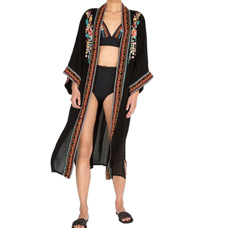 

2020 Black Indie Folk Embroidered Plus Size Summer Beach Wear Kimono Cardigan Women Cotton Tops and Blouse Shirts Sarongs N940