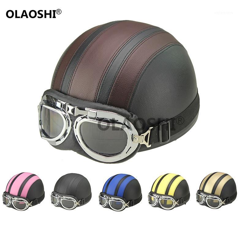 

Personalized Vintage Retro Motor Bike Cascos Leather Helmet Open Half Face Motorcycle Helmet with Goggles1, Pink