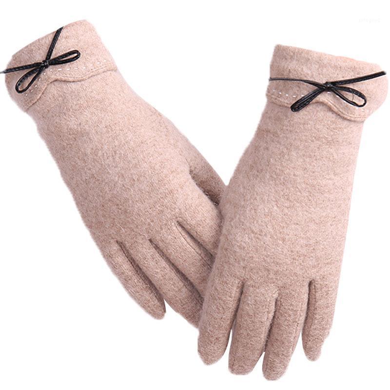 

Five Fingers Gloves Female Wool Touch Screen Cycling Winter Women Plush Inside Warm Cashmere Full Finger Leather Bow Embroidery I71