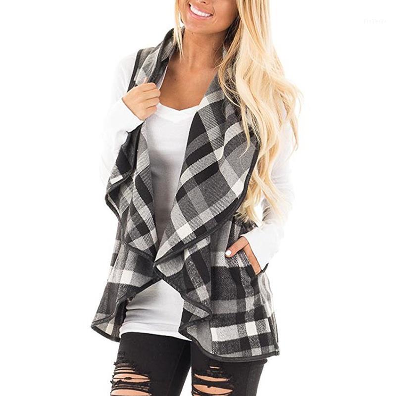 

Women' Jackets Wholesale- Casual Basic Plaid Women' Coats Sleeveless Cardigans Loose Irrgular Hem Large Size 2XL 2021 Autumn Fashion, Blue red