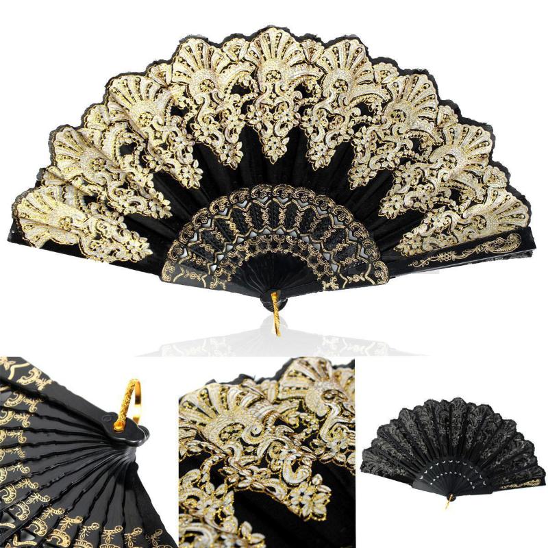 

Chinese Folding Hand Fan Held Flower Lace Black Wedding Dance Party Silk Fans Decorative Fans Spanish Style