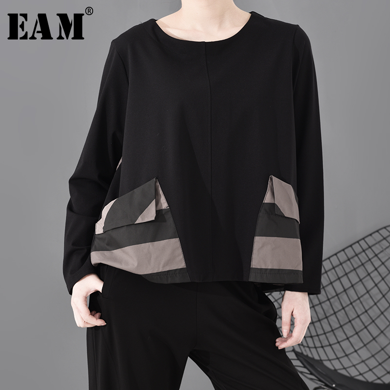 

[EAM] Women Black Striped Pocket Split Joint Temperament T-shirt New Round Neck Long Sleeve Fashion Spring Autumn 1S689 201125