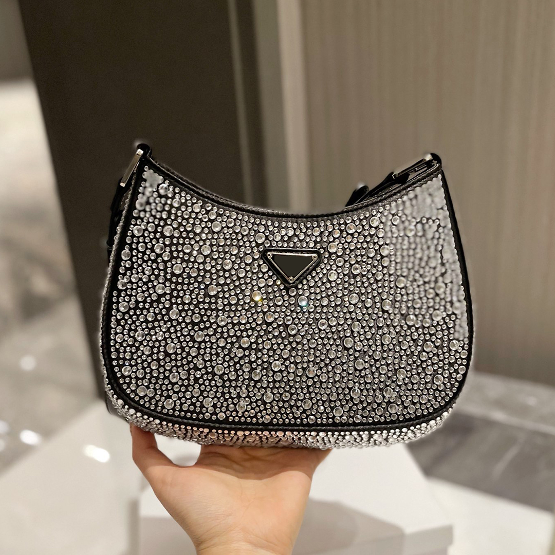

Luxury Designer Italy Brand Nylon Rhinestone Hobo Bags High Quality Full Diamond Crossbody Handbags Fashion Large Capacity Women Shoulder Bag Totes Designers Bag, Black