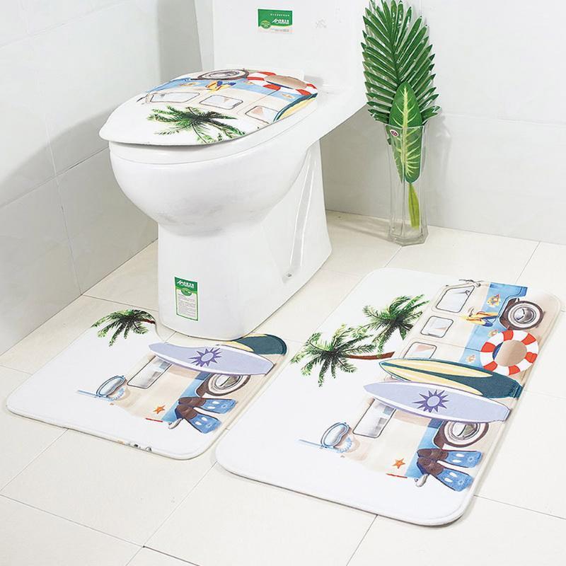 

Bath Mat 3 Set Cartoon Bus Pattern Toilet Lid Cover Foot Pad Non-Slip Absorbent Bathroom Door Mat Flannel Soft Bath Rug Carpet1