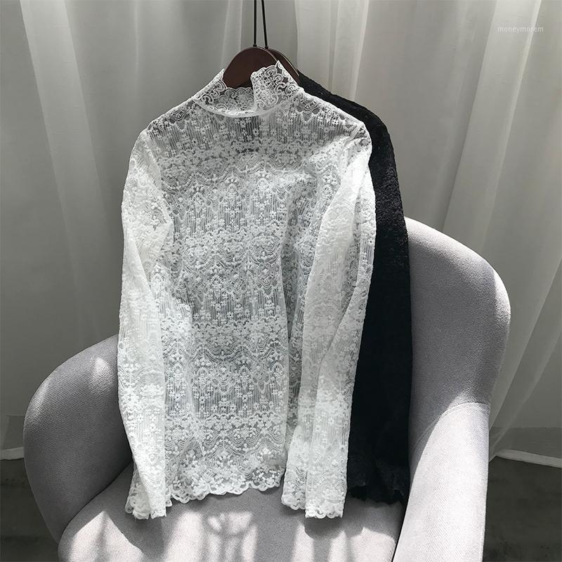 

Autumn/winter 2021 New Korean half - neck lace bottom blouse temperament versatile long-sleeve blouse black and white1