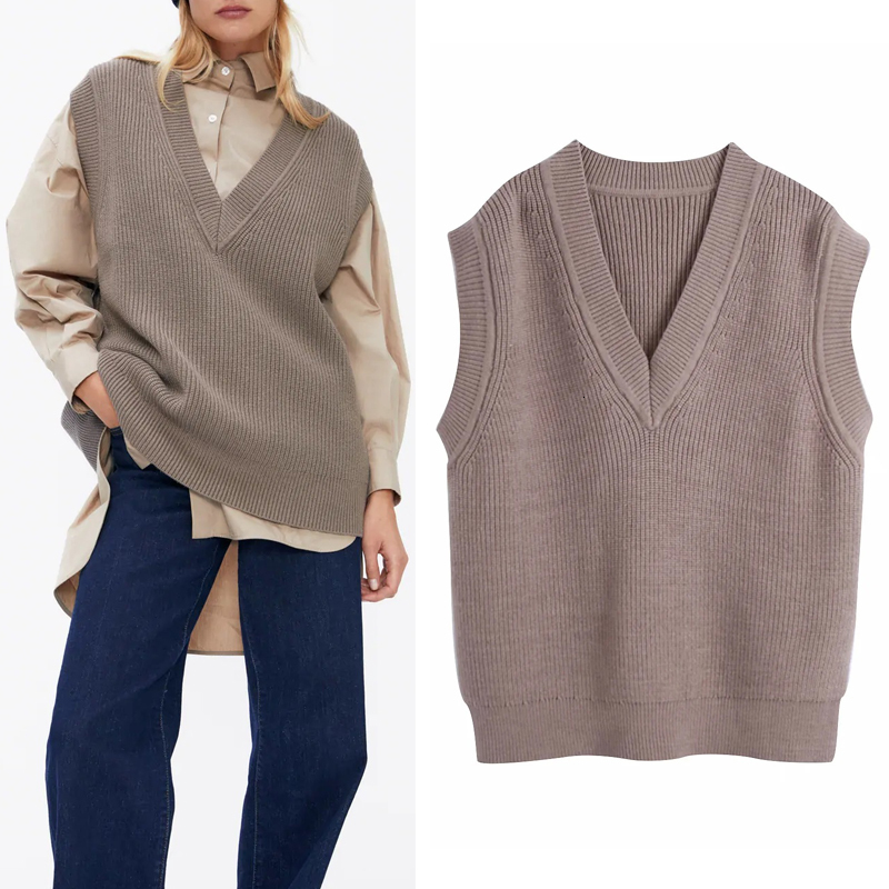 

2021 New Knitted Sweater Women Autumn Winter Fashion v Neck Long Sleeveless Vest Top Ladies Loose Casual Waistcoat Pb6x, Taupe grey