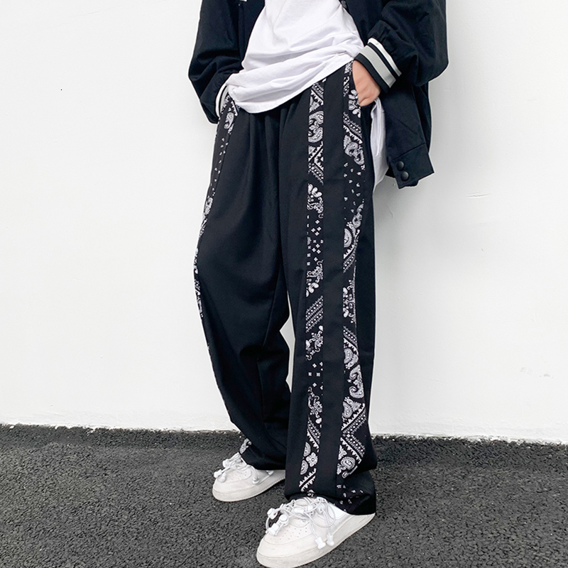 

2021 New Origianl Cashew Print Wide Leg Casual Drawstring Oversize Mens Baggy Trousers Streetwear Straight Loose Cargo Pants 1ni5, Black