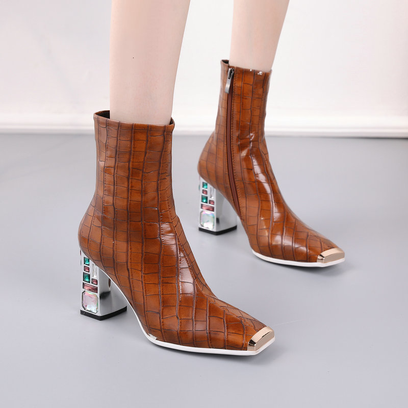 

2021 Winter Short Ladies Classic Party Shoes Woman Big Size Chunky Crystal Heels New Women Ankle Boots Fcd7, Brown