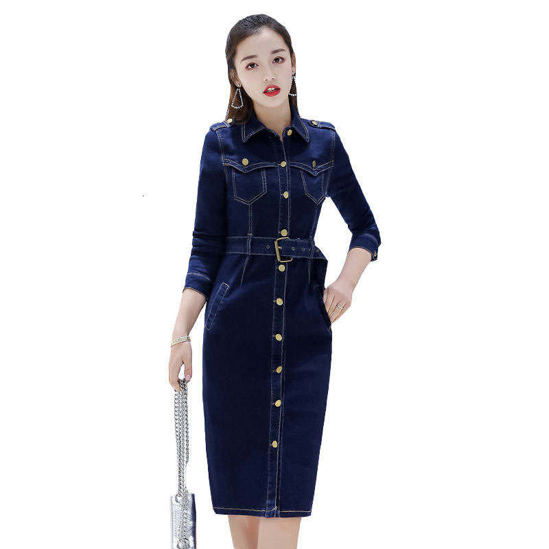 

New Spring Female Denim Long Sleeves of the Vintage Lean Lady Single-breasted Belt Dressed in Big 4-xl Sizes Fm5v, Photo color