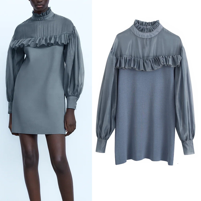 

2021 New Organza Knitted Women High Neck Long Sleeve Mini Dress Woman Fashion Patchwork Ruffle Casual Laddies Dresses Wxaq, Gray