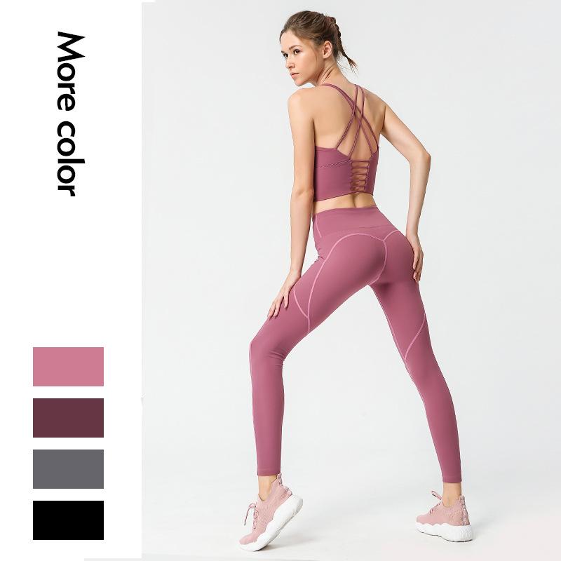 

Seamless Yoga Set Women Fitness Clothing Sportswear Woman Gym Leggings shockproof Sexy Push-up Strappy Sports Bra Sports Suits, Brown