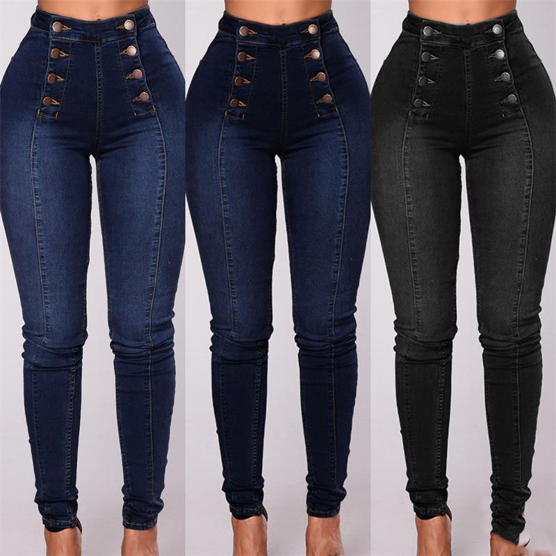 

Fashion denim trousers women Double breasted Stretch Skinny Leg Pants black jeans Butt Lifting Water wash Sexy low rise Jeans, Blue