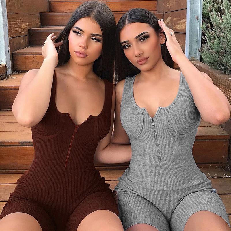 

Black Gray Knit Ribbed Bodycon Playsuit Sexy Biker Shorts Jumpsuit Women Autumn 2020 Zipper Party Club Rompers Women Jumpsuits