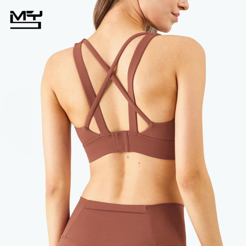 

MYS Sports Bra High Impact Support Female Push Up Yoga Crop Top Women Gym Underwear Back Crisscross Workout Sexy Fitness Halter, Bronze