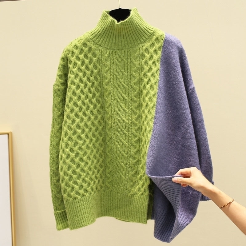 

Women's Contrast Patchwork Half Turtleneck Sweater Women's Winter Korean Loose Turtleneck Student Knit Sweaters Pullovers ML209 201123, Black