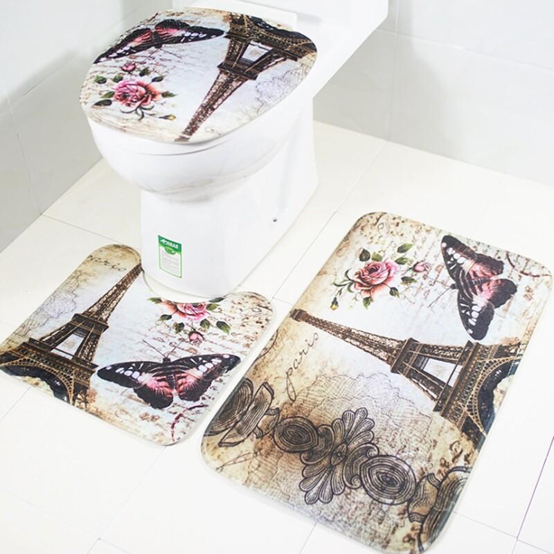 

3 pieces/Set Print Butterfly Tower Rug Bath Mat Flannel Contour Pedestal Rug Lid Toilet Cover Carpet Bathroom Set, Lavnder