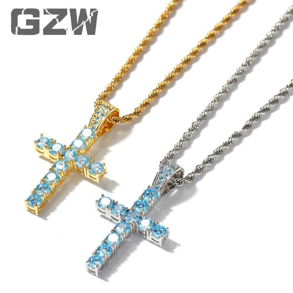 

Hip Hop Gold Stainless Steel Sapphire Diamond Cross Pendant Necklace Chain Personalized Papillon Bijoux Rapper Jewelry Gifts for Men Women