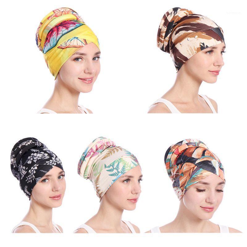 

2020 Womens Floral Print Turban Hat Muslim Cotton Stretch Chemo Cap Ruffles Head Wrap1, Black