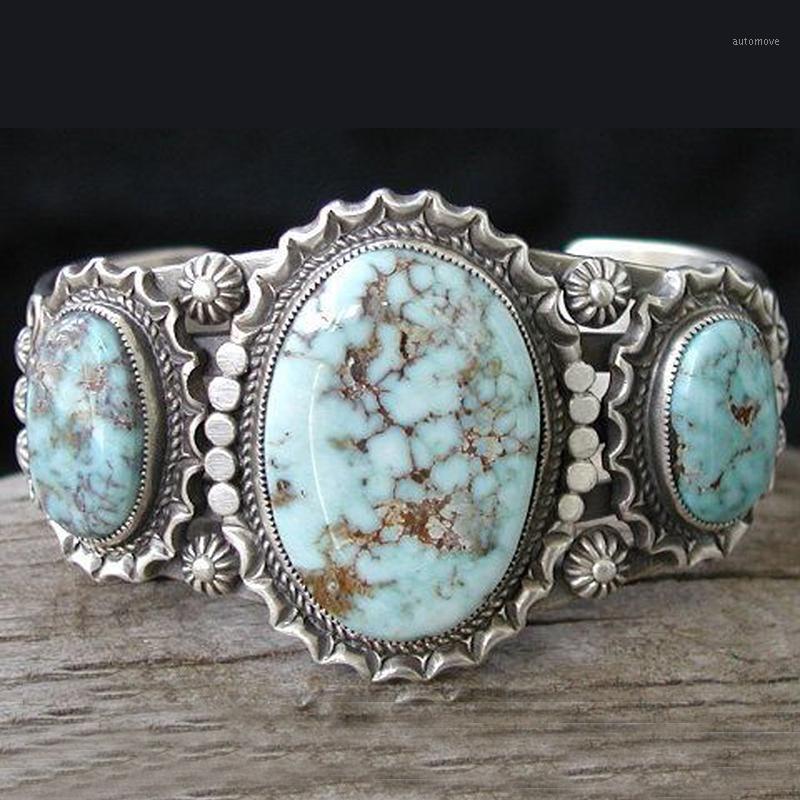 

Vintage Three Head Stone Men Ring Bohemian Jewelry Silver Color Sea Blue Turquoises Carved Flower Finger Rings For Women O5Q7061