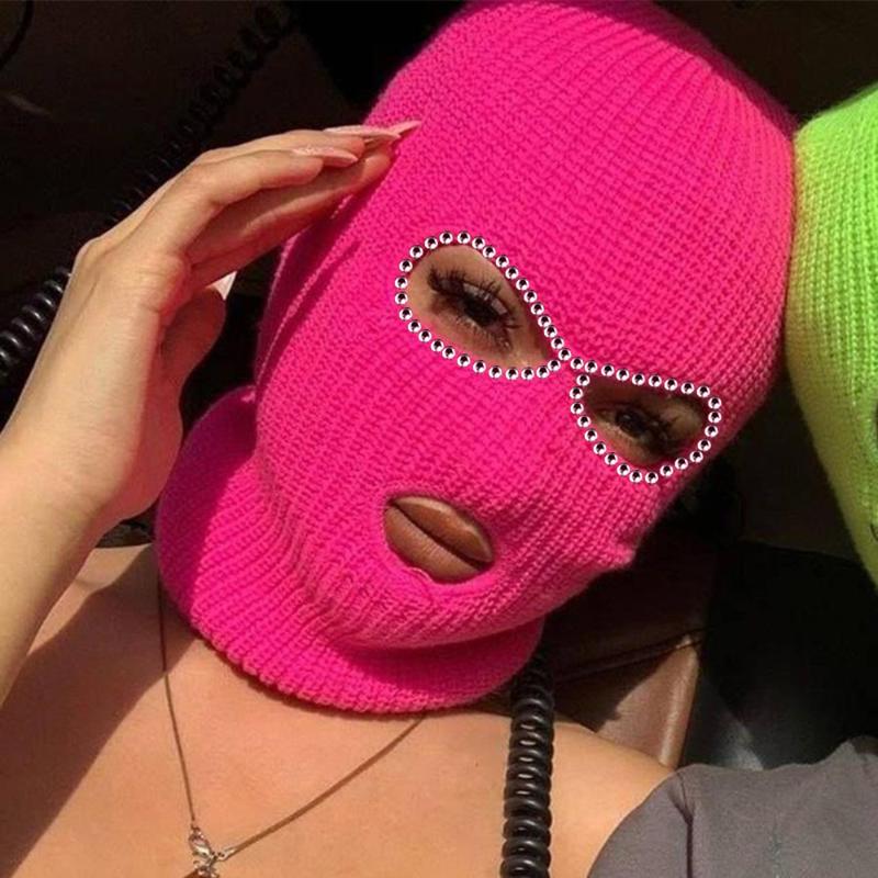 

Beanie/Skull Caps Shining Diamond Balaclava Face Mask Women Pink Sport Knitted Fleece Ski For Three Hole Hat Shiny Rhinestone, White