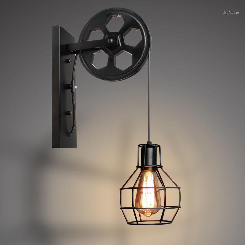 

European Style Rural Retro Nostalgic Industrial Wind Iron Pulley Lift Wall Corridor Bedside Daily Lighting Tools1