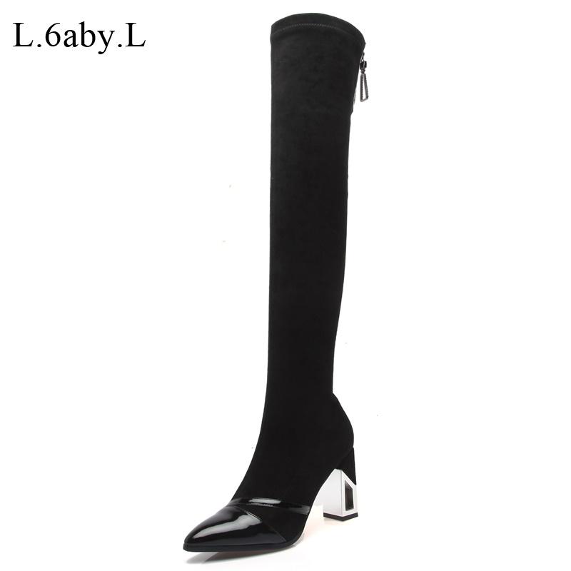 

2020 Fashion New Women Pointed High Heel Boots Elastic Cloth Long Boots Over The Knee High Casual Party Zipper Black 34-39