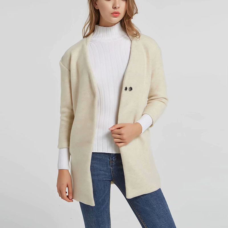 

2021 Autumn Winter Women Woolen Coat Jackets New Solid V-neck Thick Warm Cashmere Jacket Long Sleeve Casual Girls Streetwear 2ir3