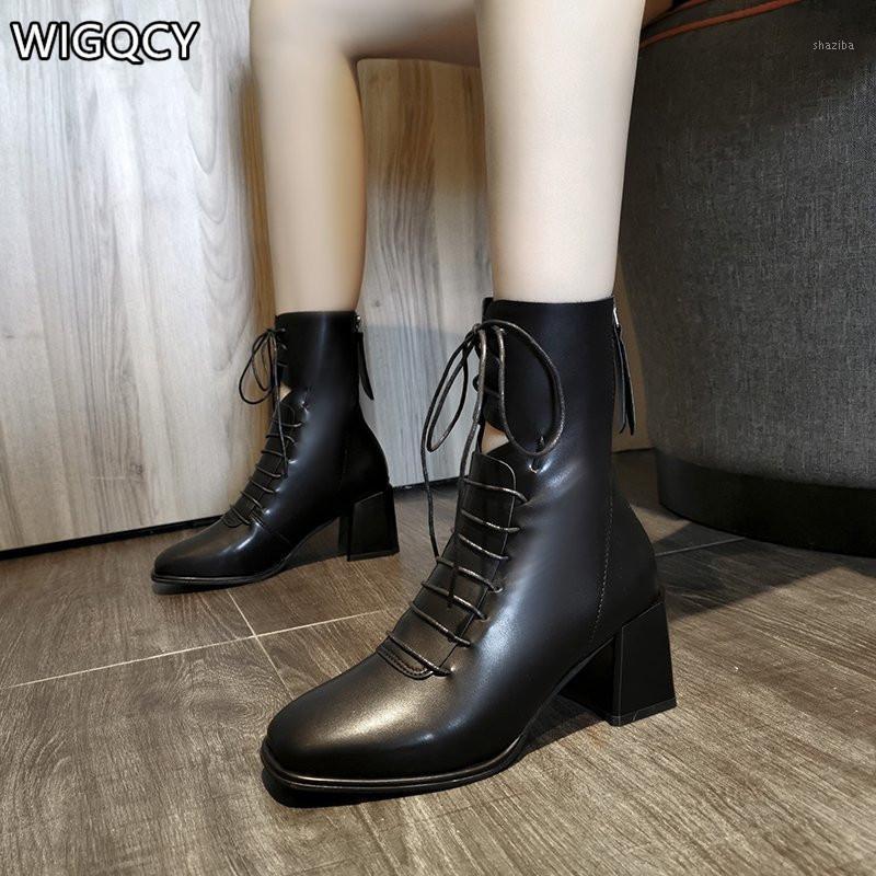 

2020 Autumn Winter New Retro High-Heeled Boots Women British Style Boots Mid-Tube Thick Heel Lace-Up Women1, Beige