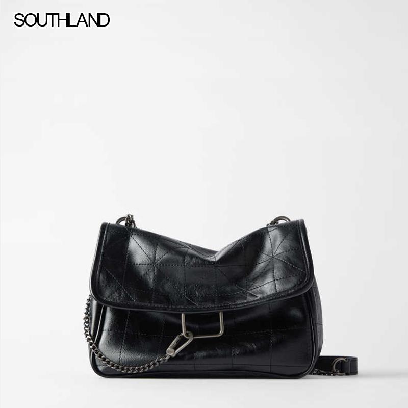 

SOUTHLAND bags high street vintage fashion casual leather Sewing thread Iron chain PU wint lining bags women, Black