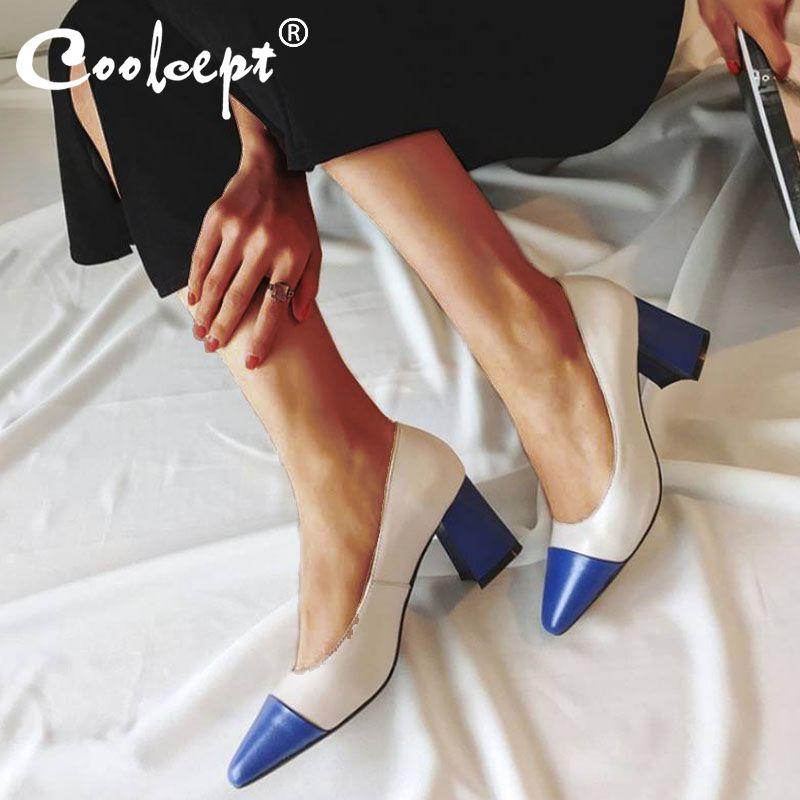 

Coolcept Women Pumps Real Cow Leather Quality New Spring High Heel Shoes Women Mixed Color Fashion Party Footwear Size 34-39, Blue
