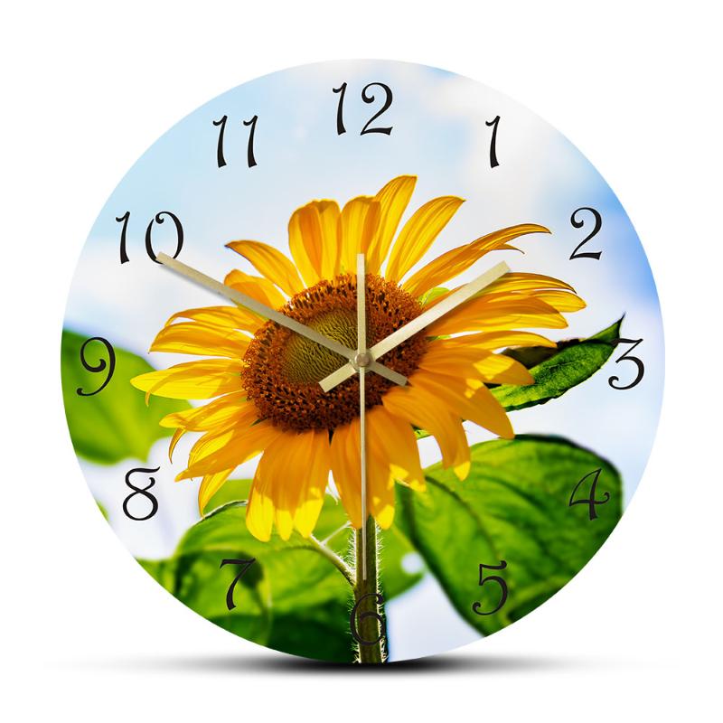 

Sunflower In Full Bloom With Blue Sky Inspirational Wall Clock Silent Wall Watch Tropical Art Yellow Floral Home Decor