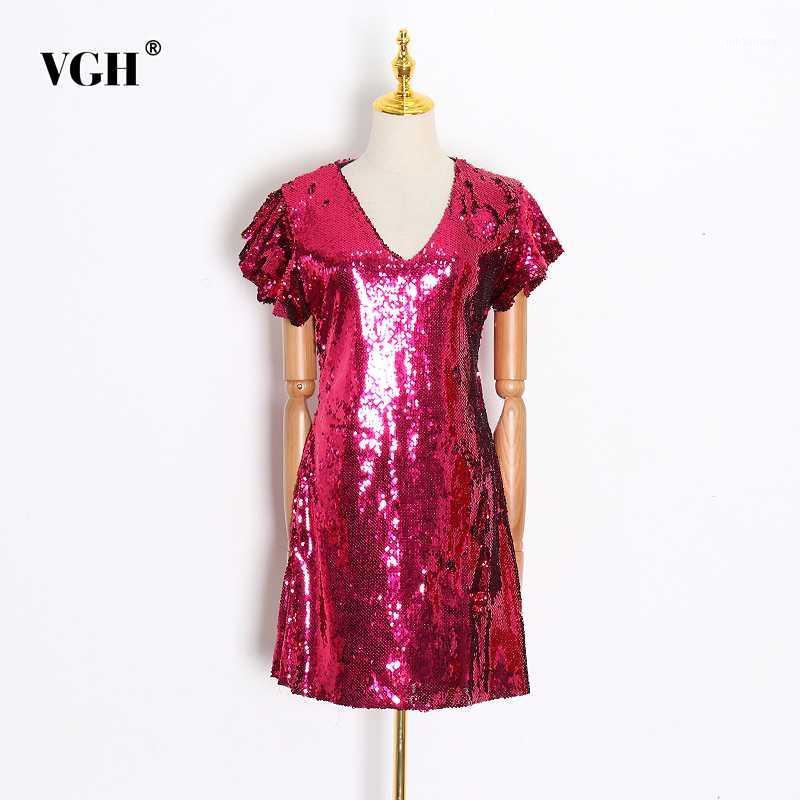 

VGH Sexy Sequin Party Dress Women V Neck Butterfly Short Sleeve High Waist Slim Mini Dresses Female Clothing 2020 Spring Fashion1, Black