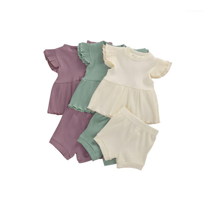 

Infant Baby Girls Summer Clothing 2Pcs Outfit Sleeveless Ruffle Knitted Patchwork Striped Top Drawing Strap Shorts Set1