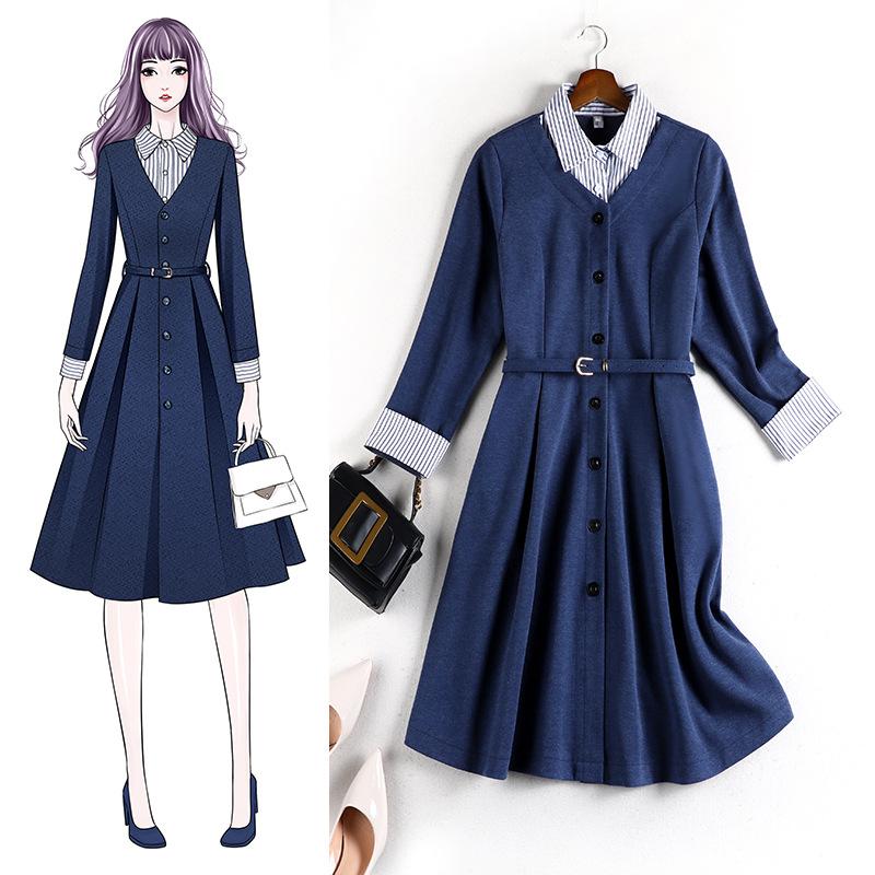 

Autumn Women Party Dress Plus Size 6l Long Large Shirt Collar A-line Style Dresses Big Sizes Vestidos Vintage Clothes 10846, Navy blue